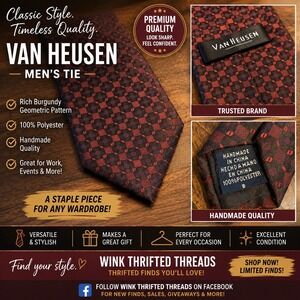 Van Heusen Mens Tie Burgundy Black Geometric Pattern Handmade Polyester Necktie